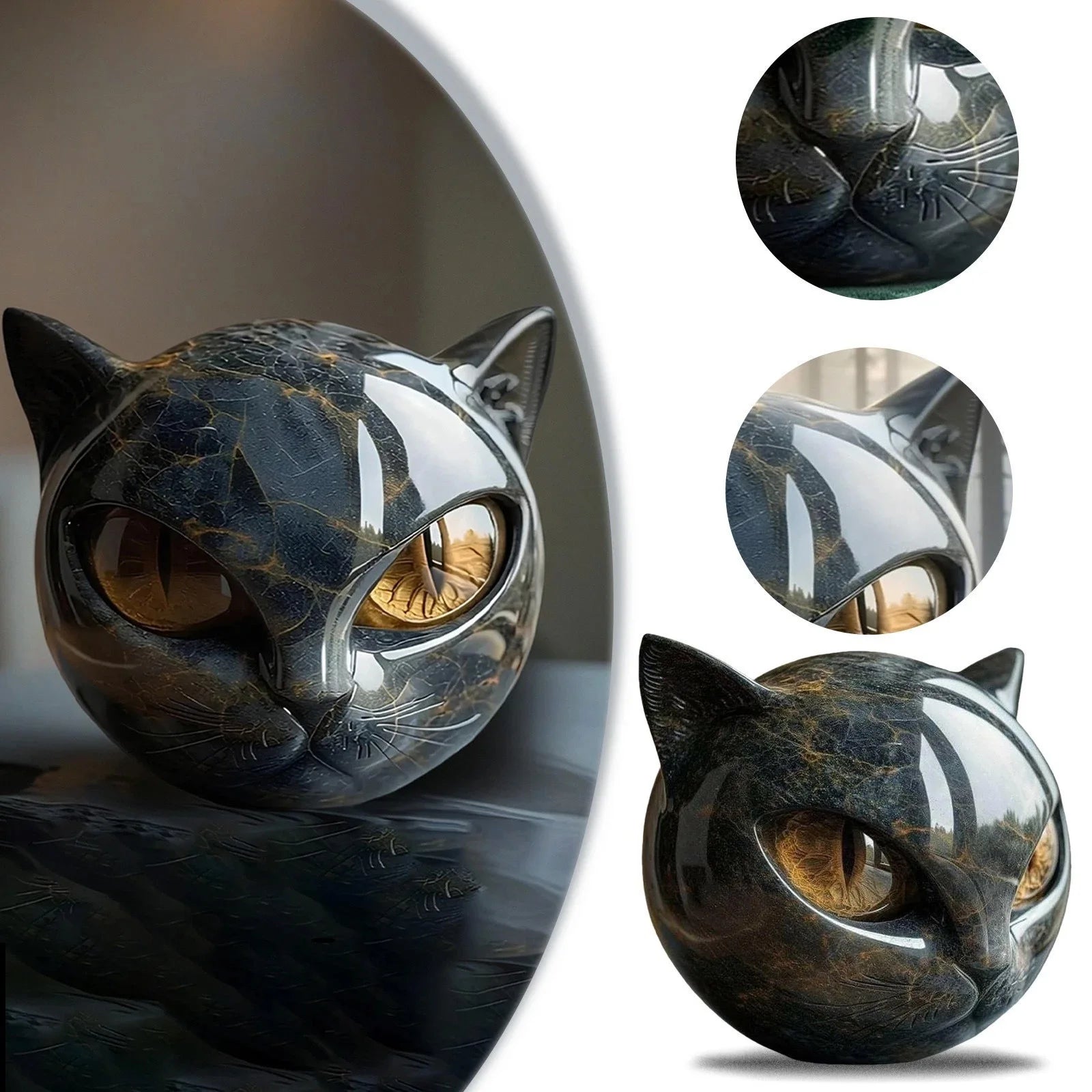 Decorative Black Cat Stone Figurine Resin Cat Head Healing Stone Marble