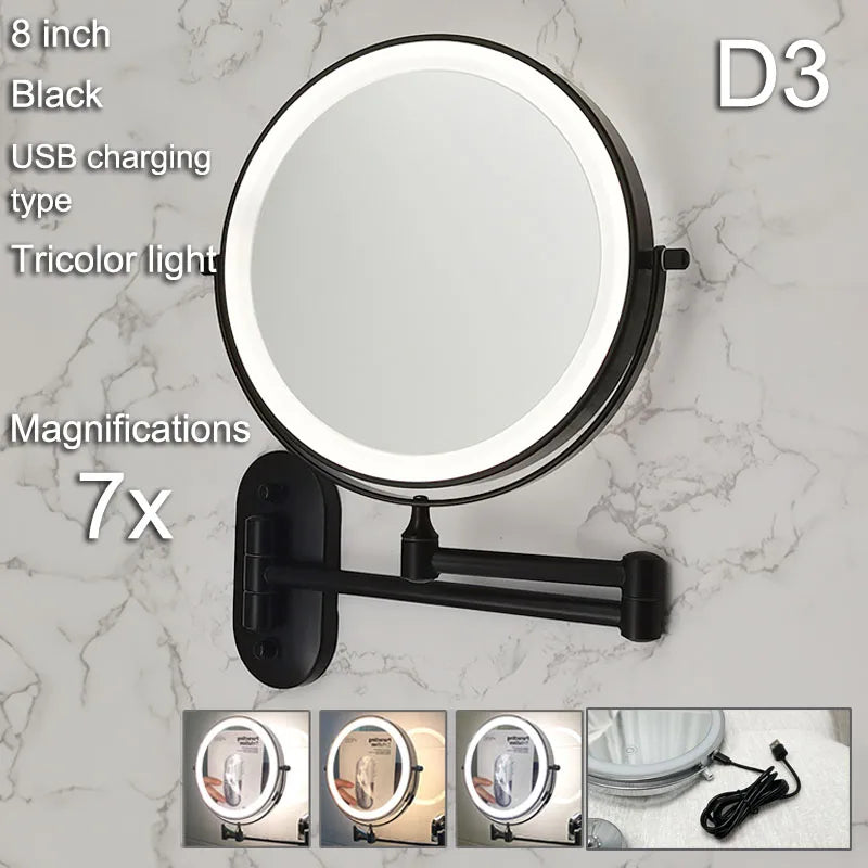 Golden Wall Mounted Folding Vanity Mirror, Double Sided with Fill Light