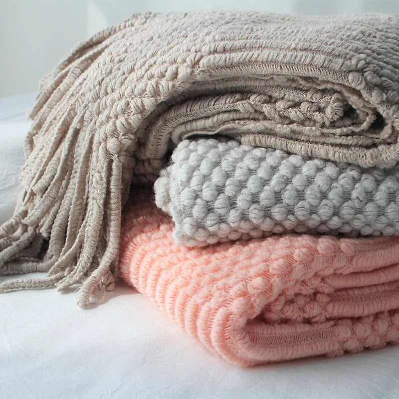 Khaki Gift Knitted Blanket with Tassels Chunky Vintage Luxury