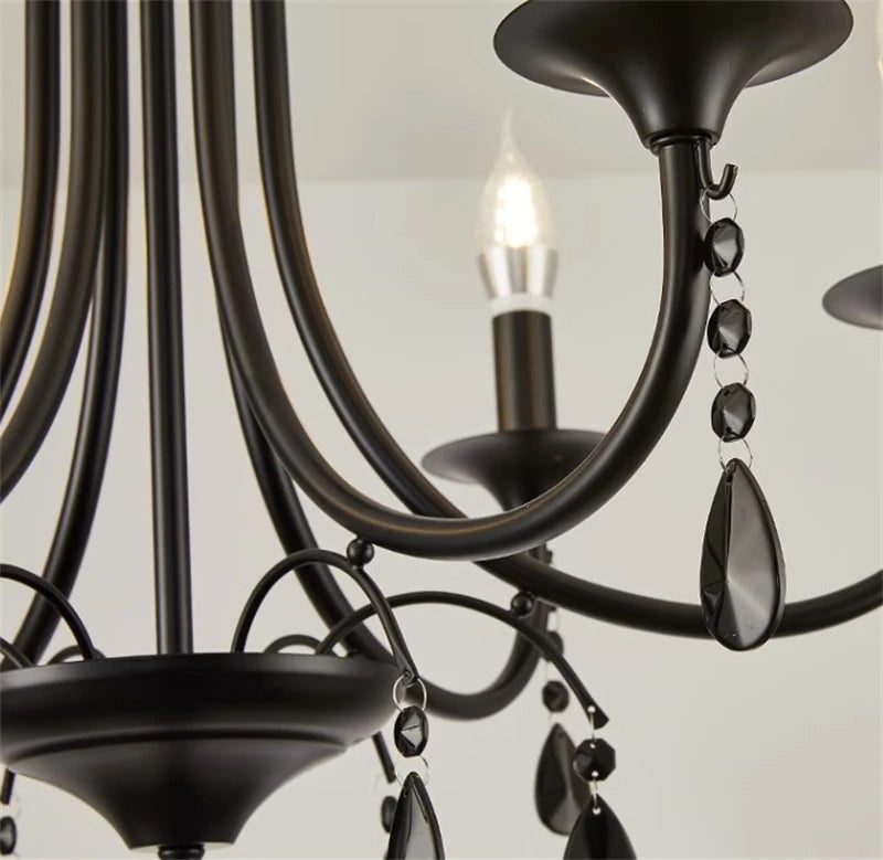 New Wrought Iron Crystal Chandelier European Classic Black Candle Lamp