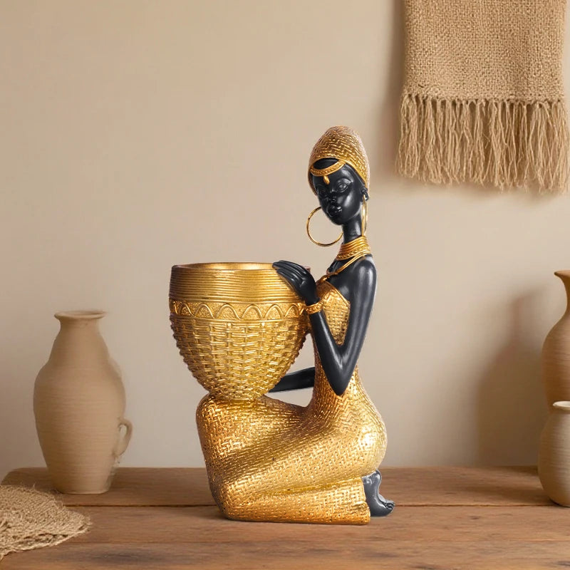 African Woman Resin Bowl Sculpture