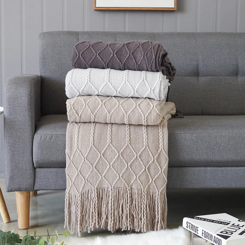 Khaki Gift Knitted Blanket with Tassels Chunky Vintage Luxury