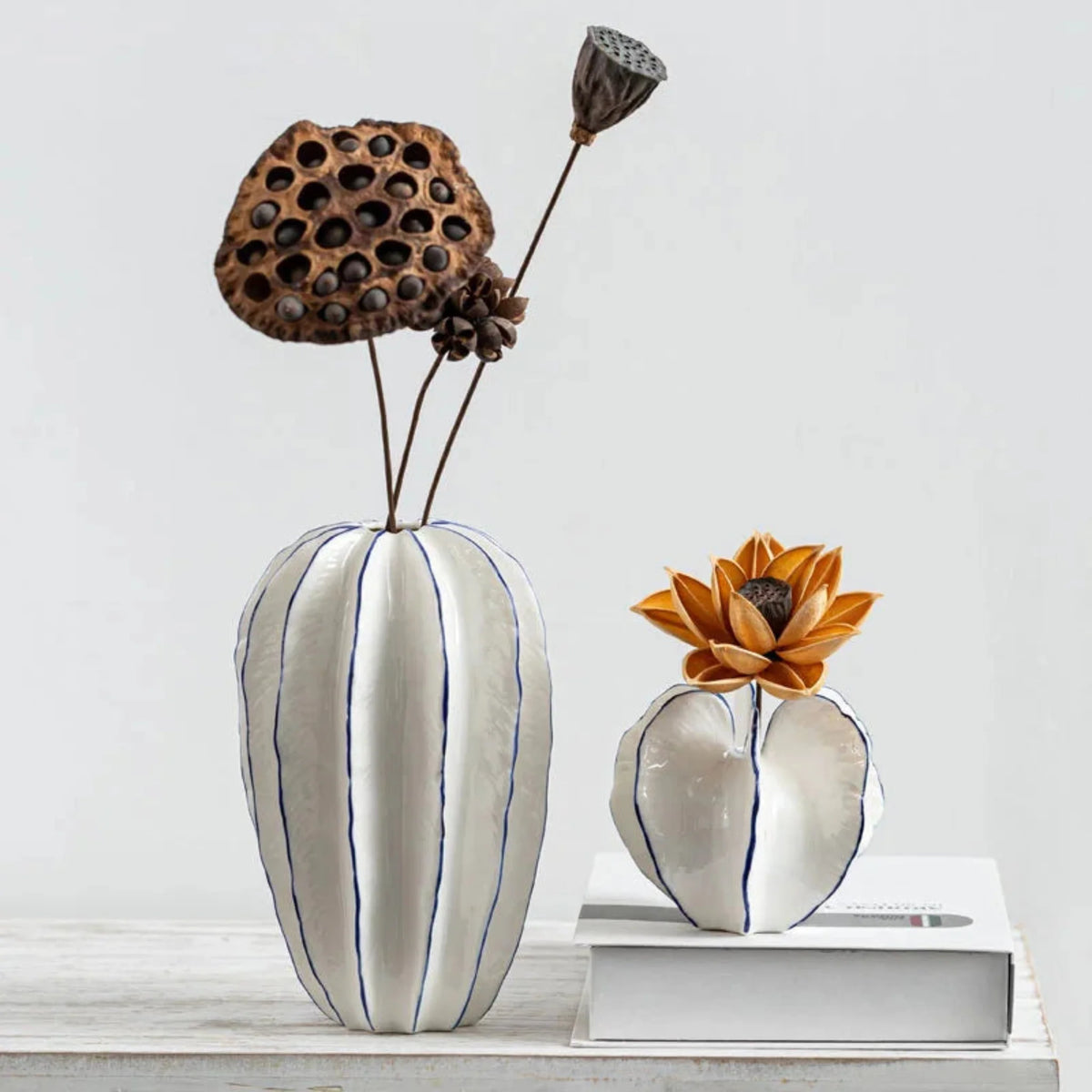 Star Fruit Shaped Porcelain Vase, Handmade Ribbed Vase