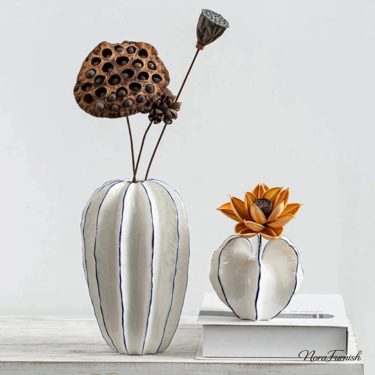 Star Fruit Shaped Porcelain Vase, Handmade Ribbed Vase