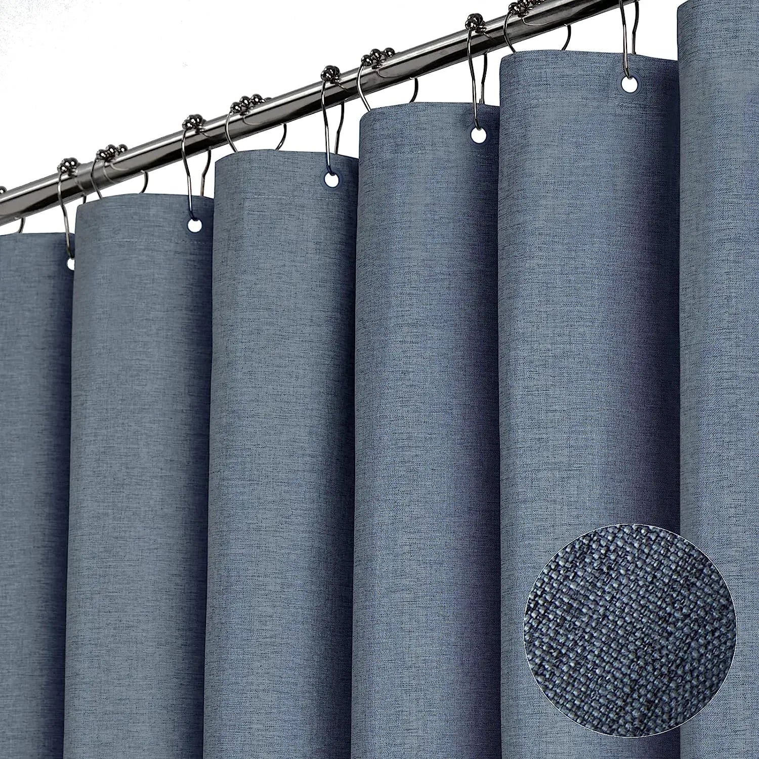 Luxury Linen Shower Curtain with Silver Metal Hooks Bathroom Waterproof
