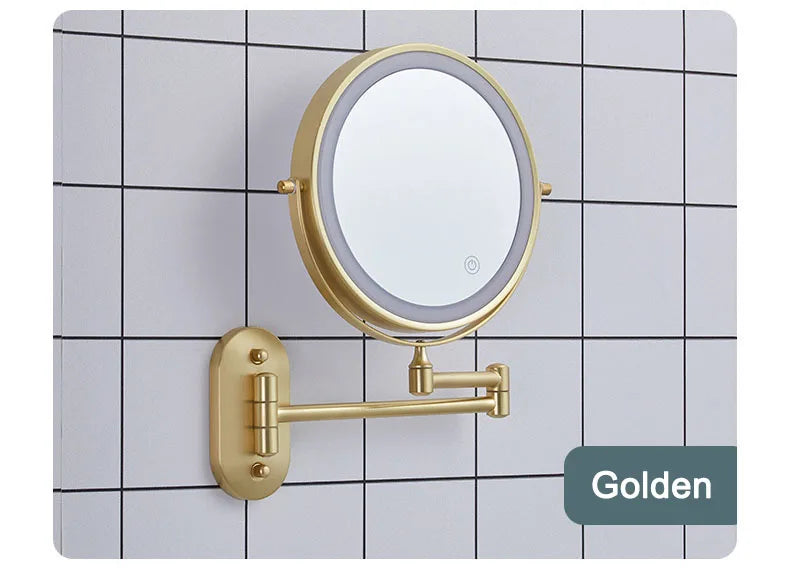 Golden Wall Mounted Folding Vanity Mirror, Double Sided with Fill Light