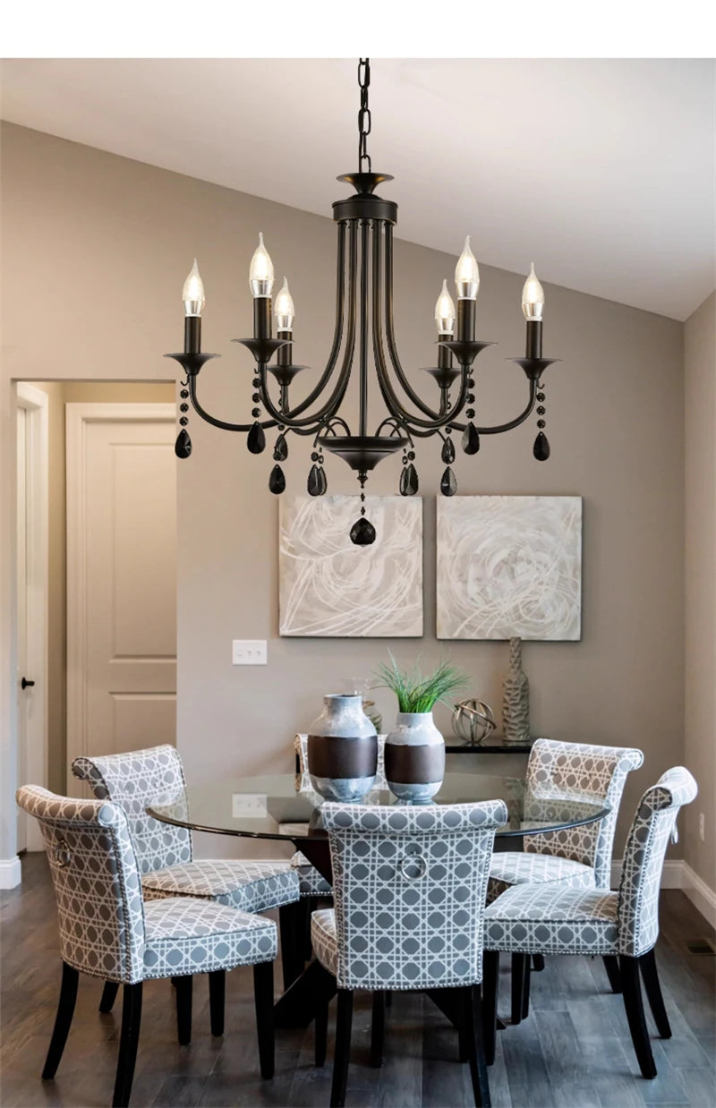 New Wrought Iron Crystal Chandelier European Classic Black Candle Lamp