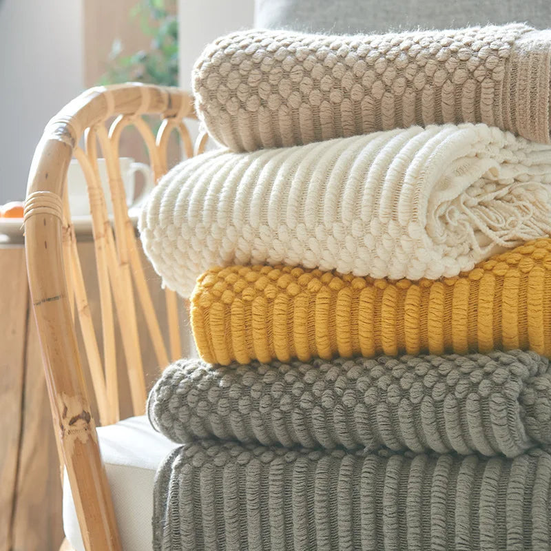 Khaki Gift Knitted Blanket with Tassels Chunky Vintage Luxury