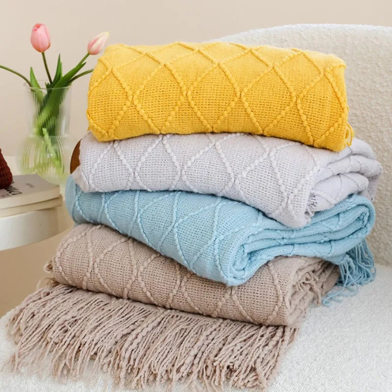 Khaki Gift Knitted Blanket with Tassels Chunky Vintage Luxury