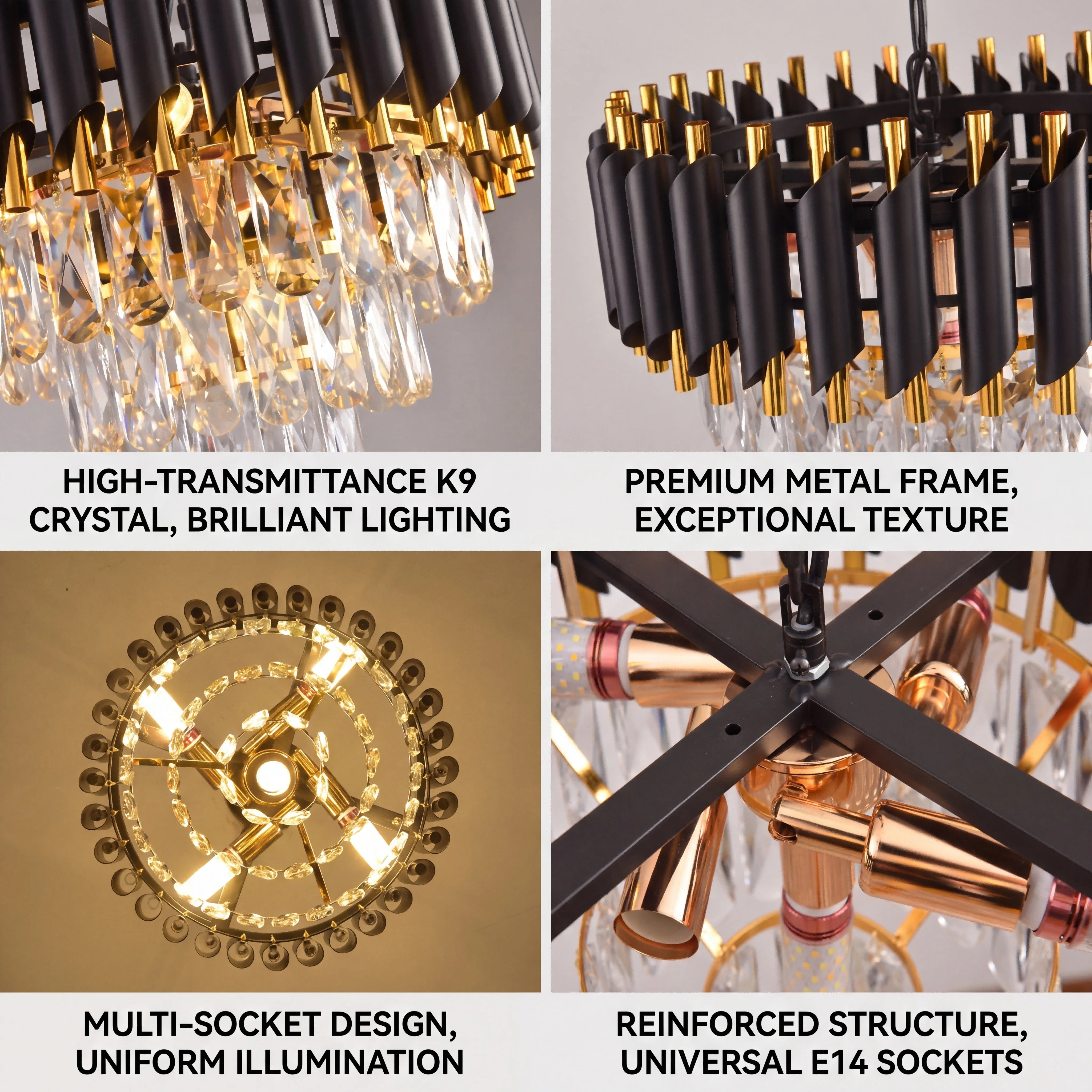 Modern Black and Gold Crystal Chandelier, Adjustable Chain Hanging
