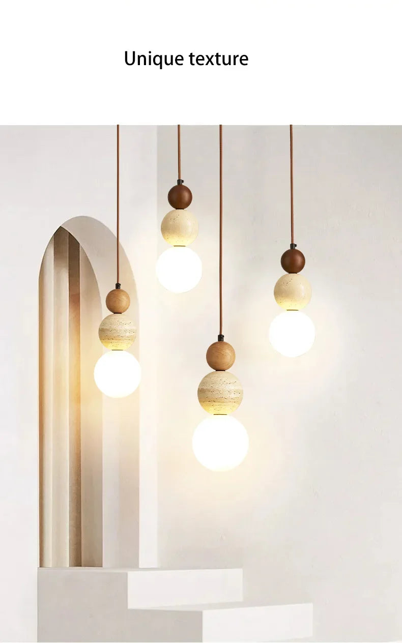 Cream Style Pendant Lamp Bedroom Bedside Led Chandelier Stone Wood