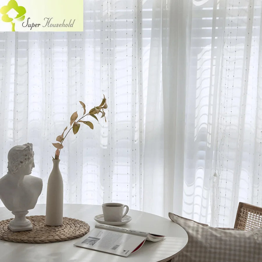 White Jacquard Window Screens Stripe Embroidered Curtains Tulle