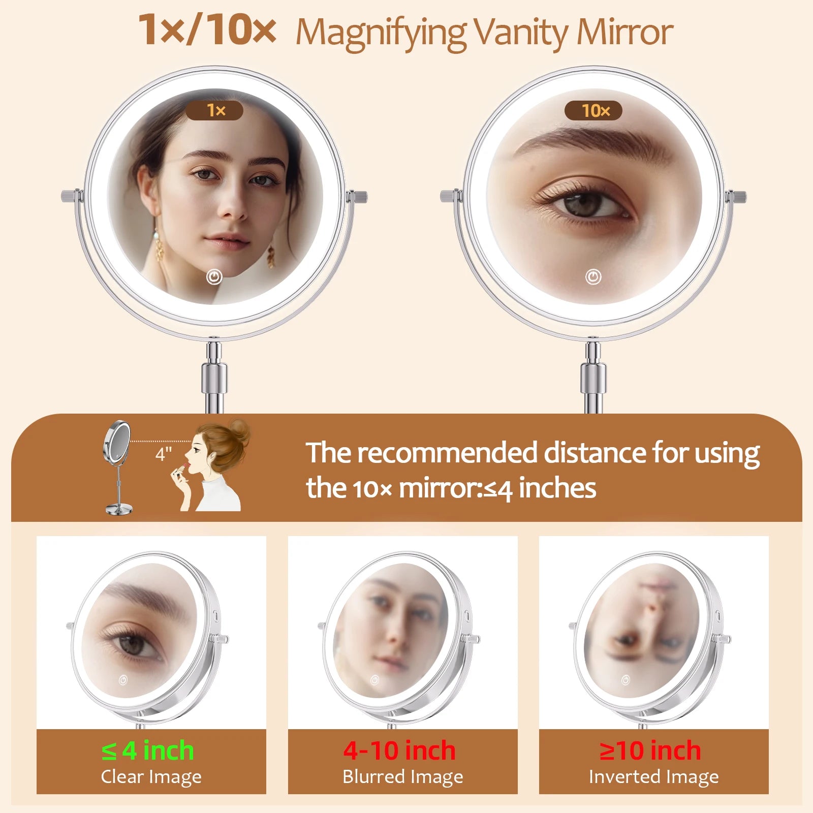 8 Inch 10X Magnifying Makeup Mirror with 3 Color Light
