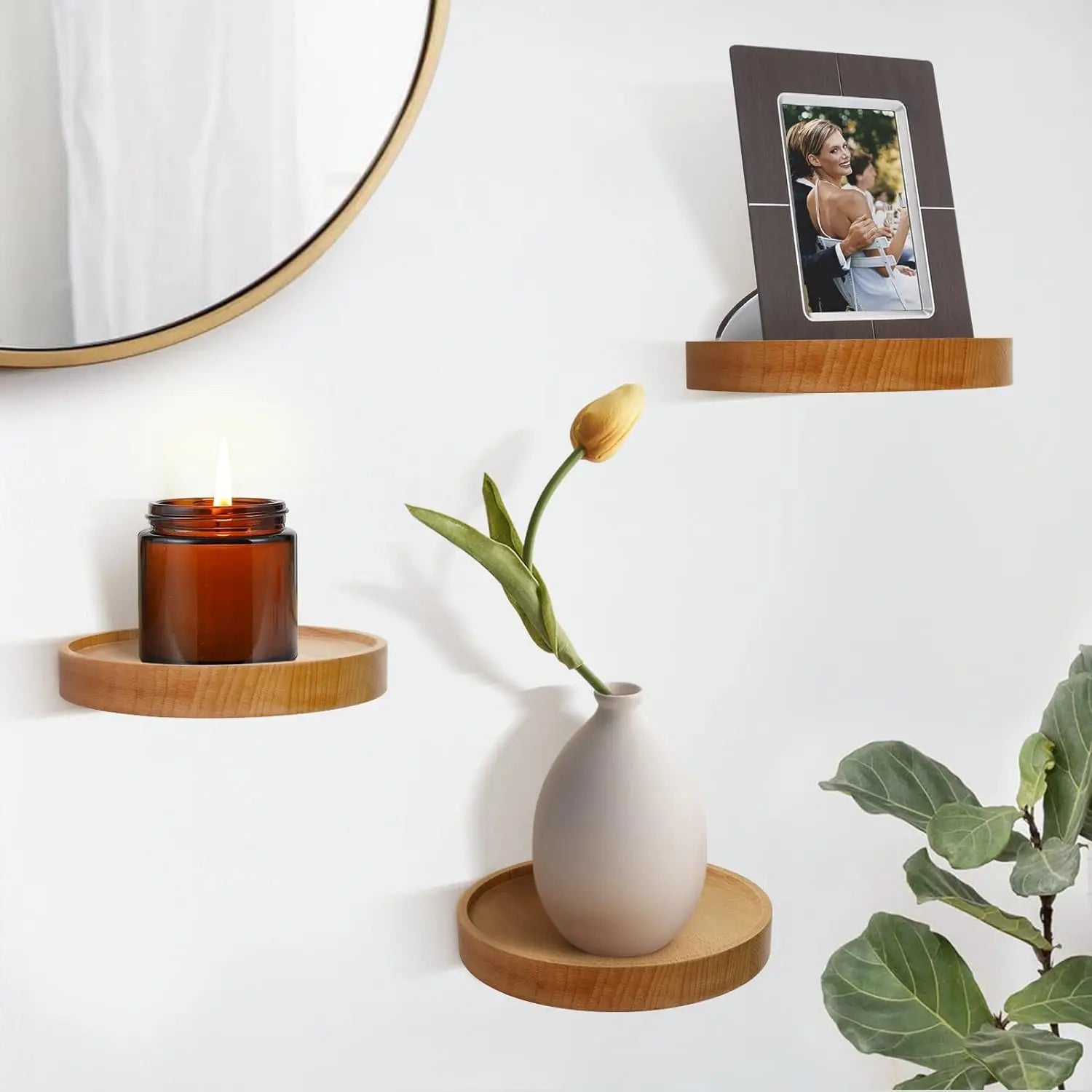 Round Oak Floating Wall Shelves, Set of 3 or 6