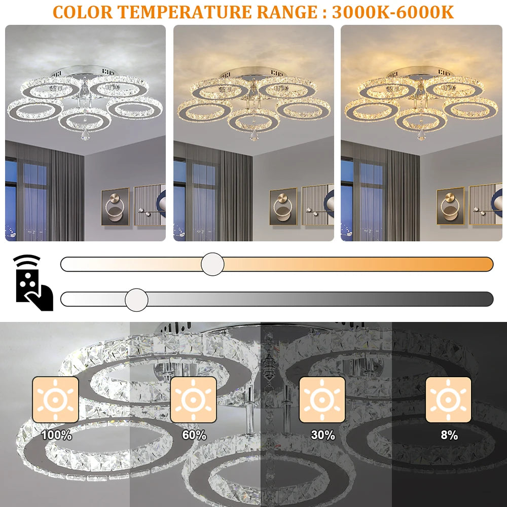 Modern K9 Led Crystal Ceiling Lamp Smart Chandelier Pendant Light Ring