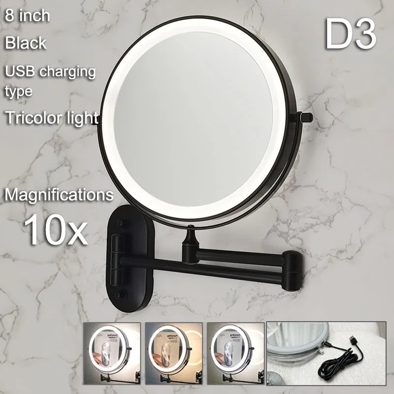 Golden Wall Mounted Folding Vanity Mirror, Double Sided with Fill Light