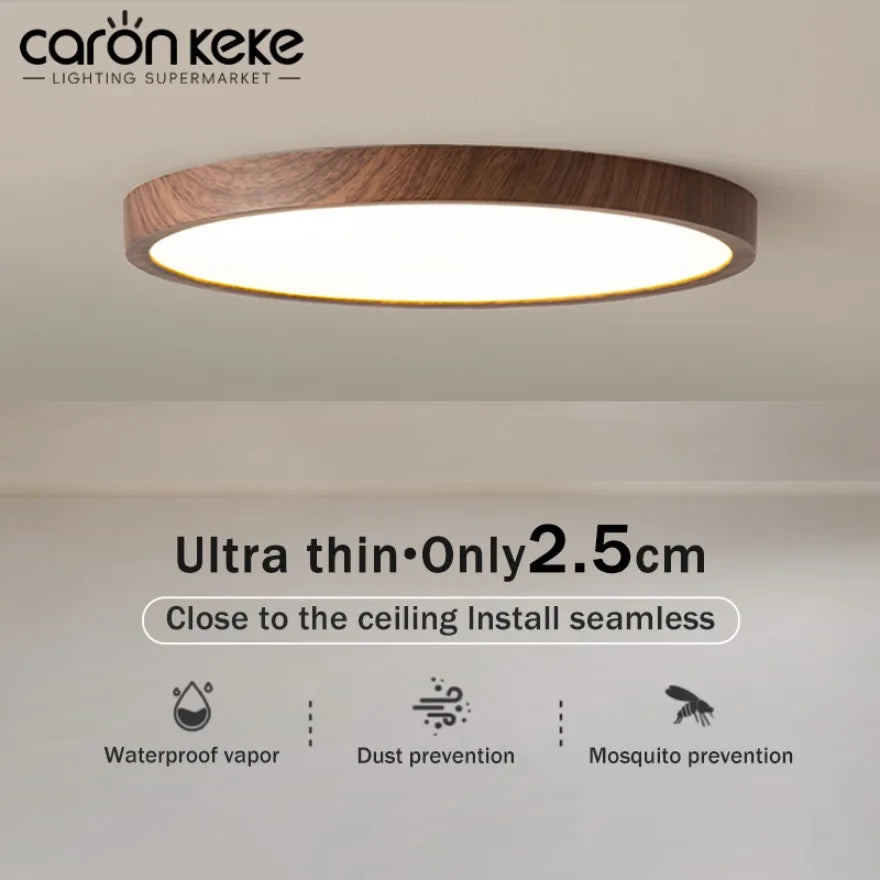 Modern LED Ceiling Light Circular Ultrathin Wood Grain Walnut