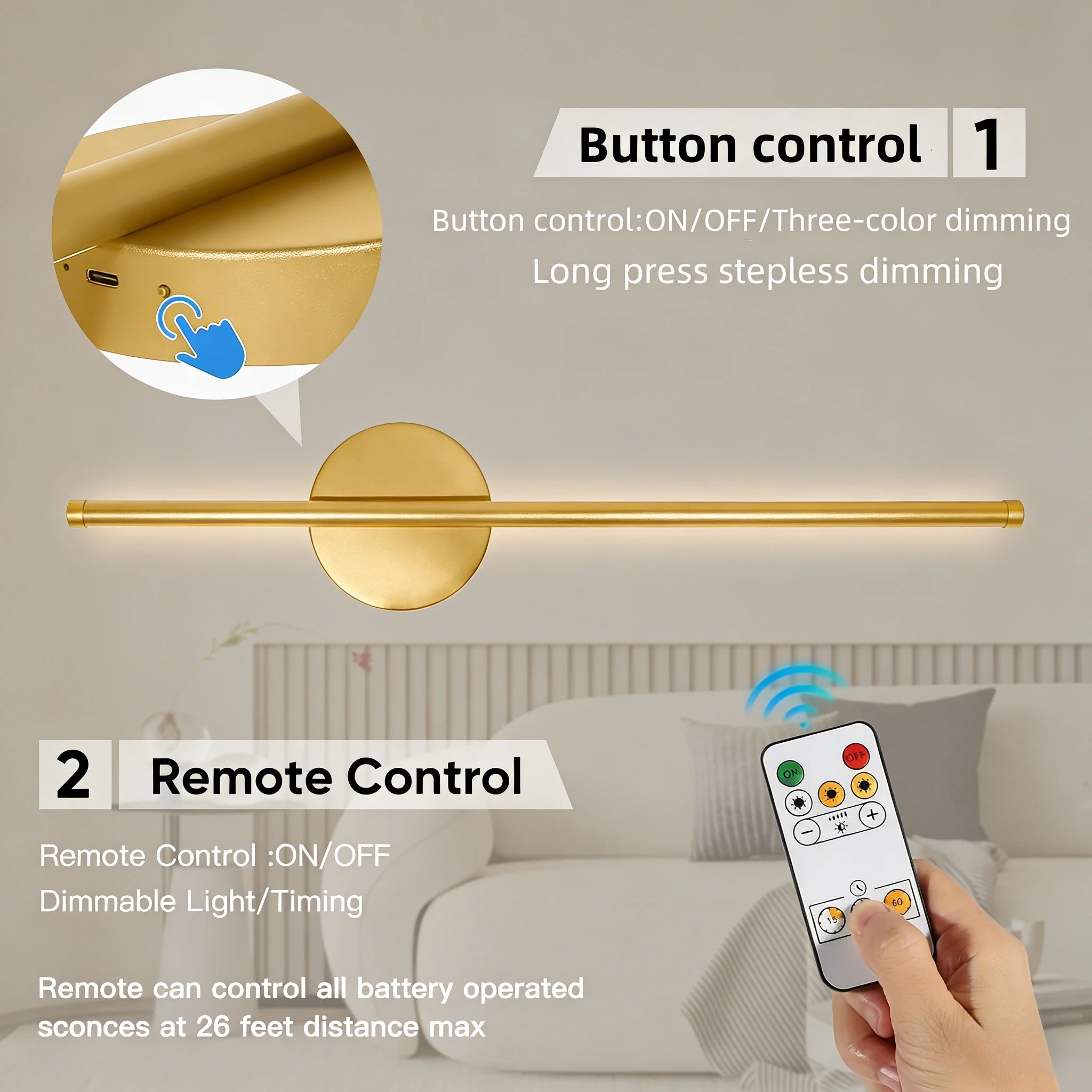 Wireless LED Wall Sconce USB Rechargeable Battery Operated Wall Light