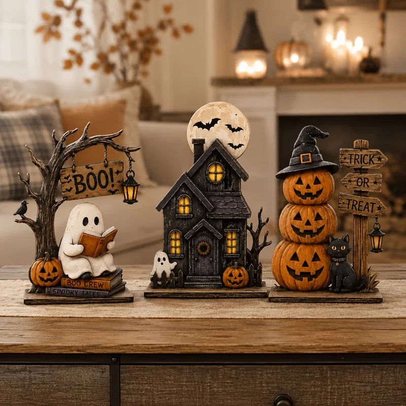 Retro Wooden Ghost, Cat and Pumpkin Blocks