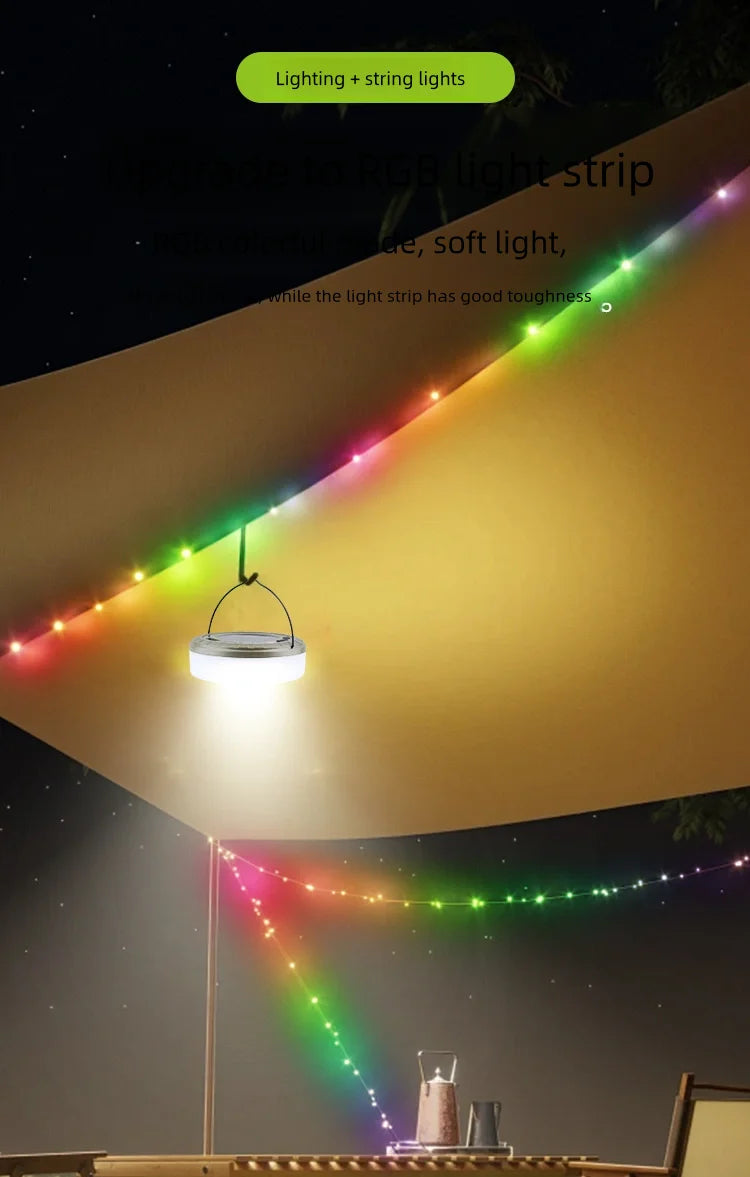 Solar Lights Outdoor Camping Light 10meter String Light Outdoor Tent Light RGB Atmosphere Light LED Flashlight with Hook 