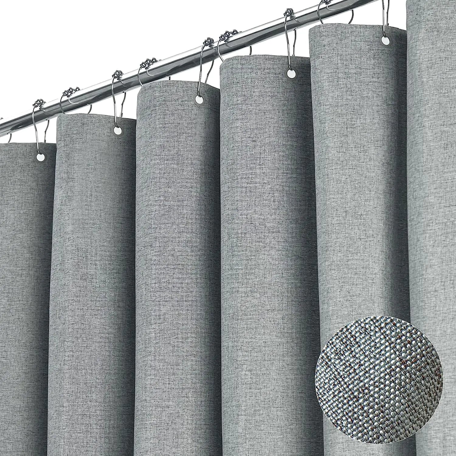 Luxury Linen Shower Curtain with Silver Metal Hooks Bathroom Waterproof