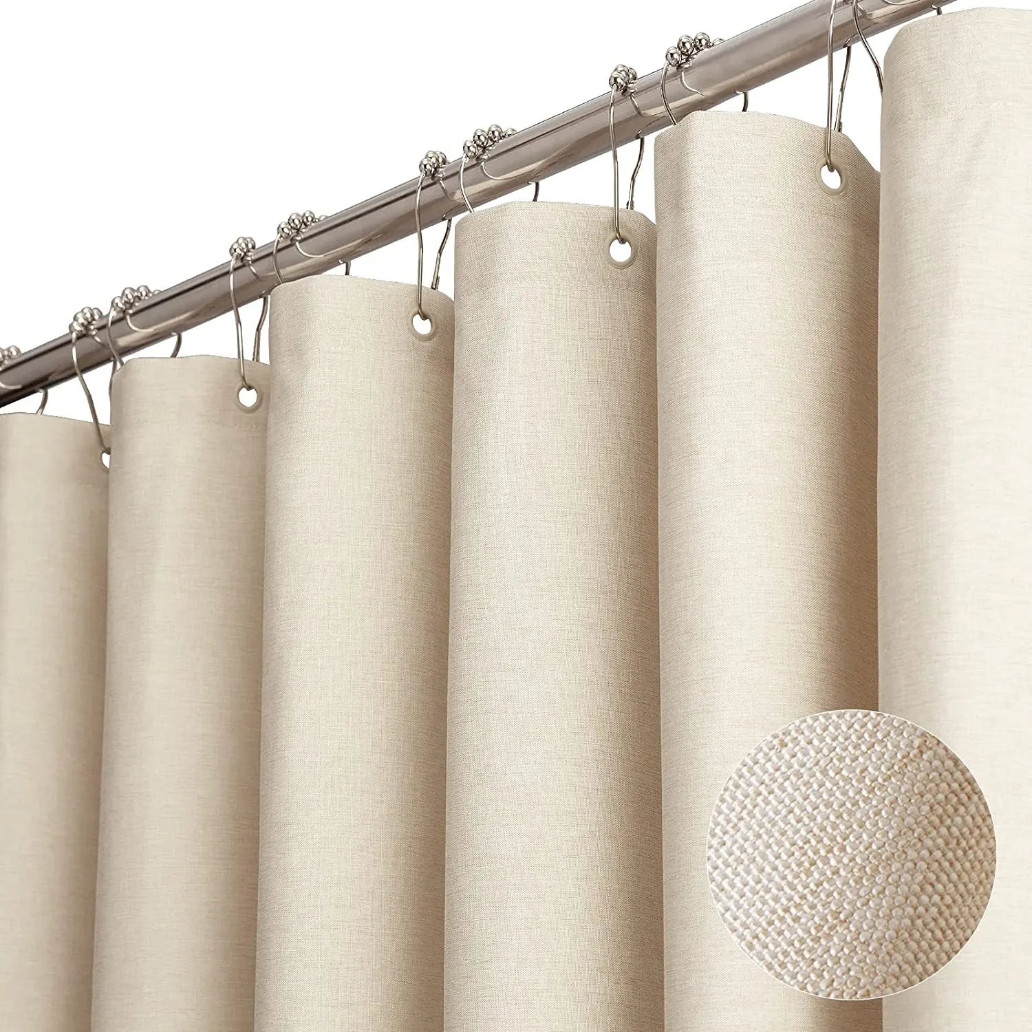 Luxury Linen Shower Curtain with Silver Metal Hooks Bathroom Waterproof