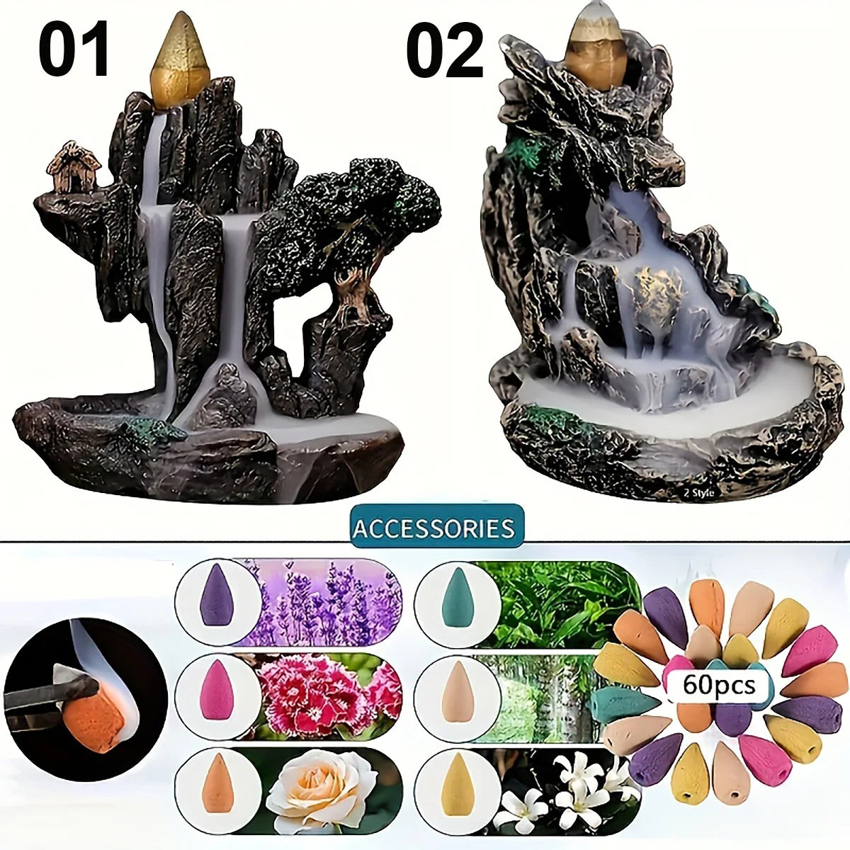 Mountain River Waterfall Backflow Incense Burner with 60 Cones