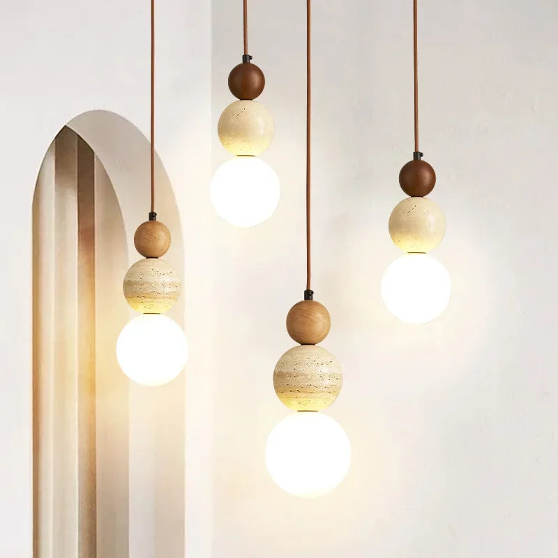 Stone and Wood LED Pendant Light, Bauhaus Bedside Chandelier