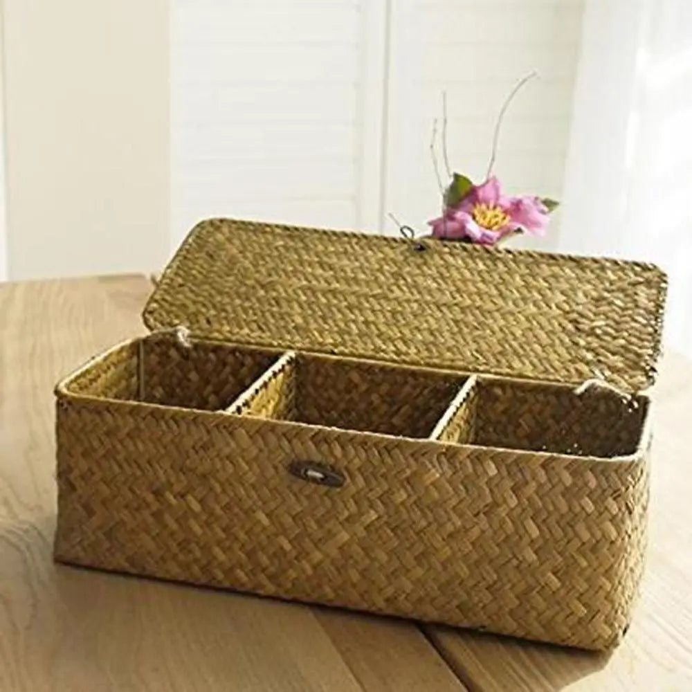 3 Compartment Woven Storage Basket with Lid