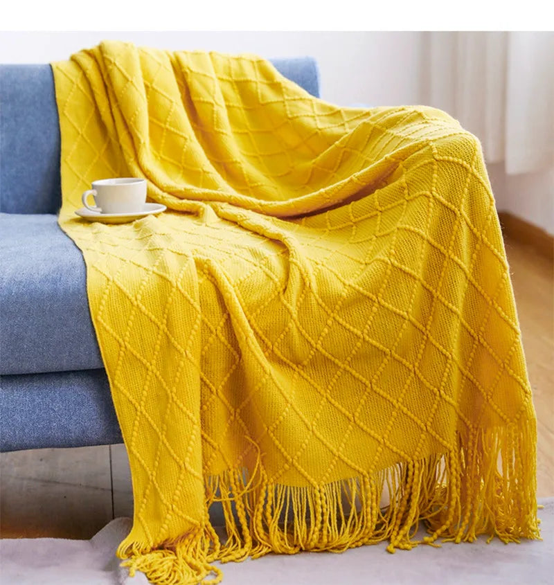 Khaki Gift Knitted Blanket with Tassels Chunky Vintage Luxury
