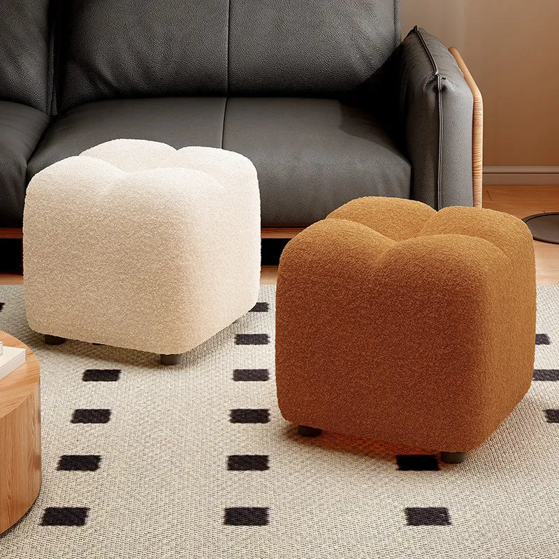 Lamb Wool Pouf Stool, Plush Footstool