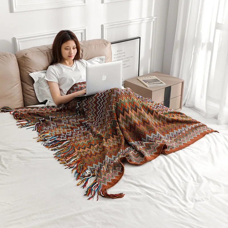 Boho Striped Knit Throw Blanket