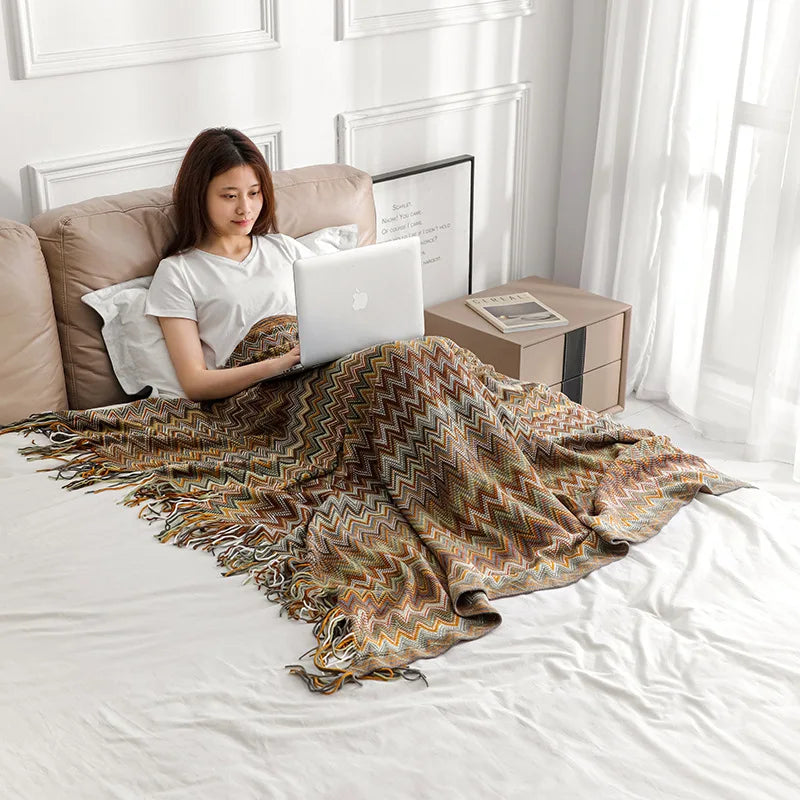 Boho Striped Knit Throw Blanket