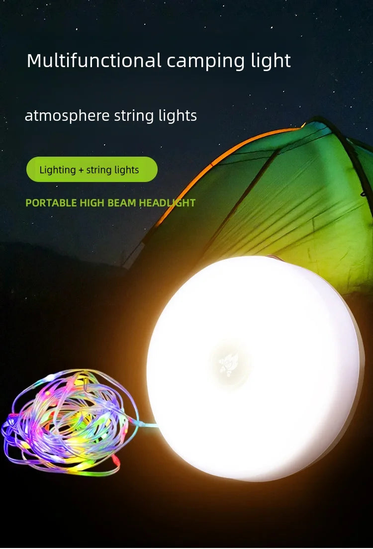 Solar Lights Outdoor Camping Light 10meter String Light Outdoor Tent Light RGB Atmosphere Light LED Flashlight with Hook 