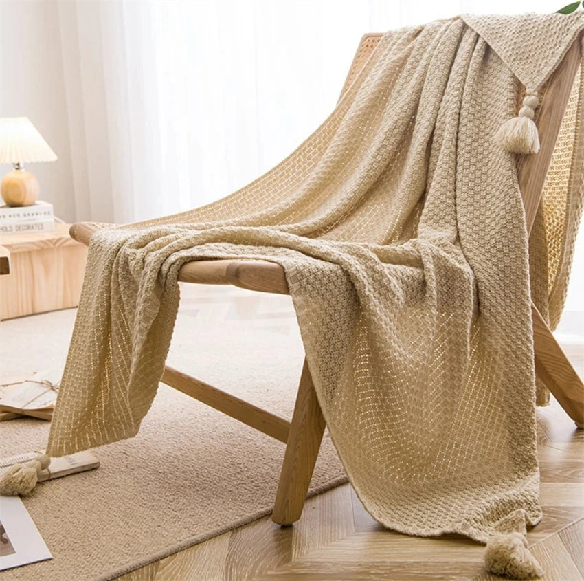 Nordic Chunky Knit Bedspread Knitted Throw Blanket with Tassel