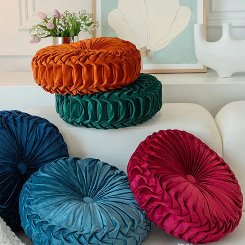 Round Throw Pillows Decorative Velvet Pleated Throw Pillows 15'' Diameter Accent Pumpkin Boho Chair Cushion for Couch Sofa Chair