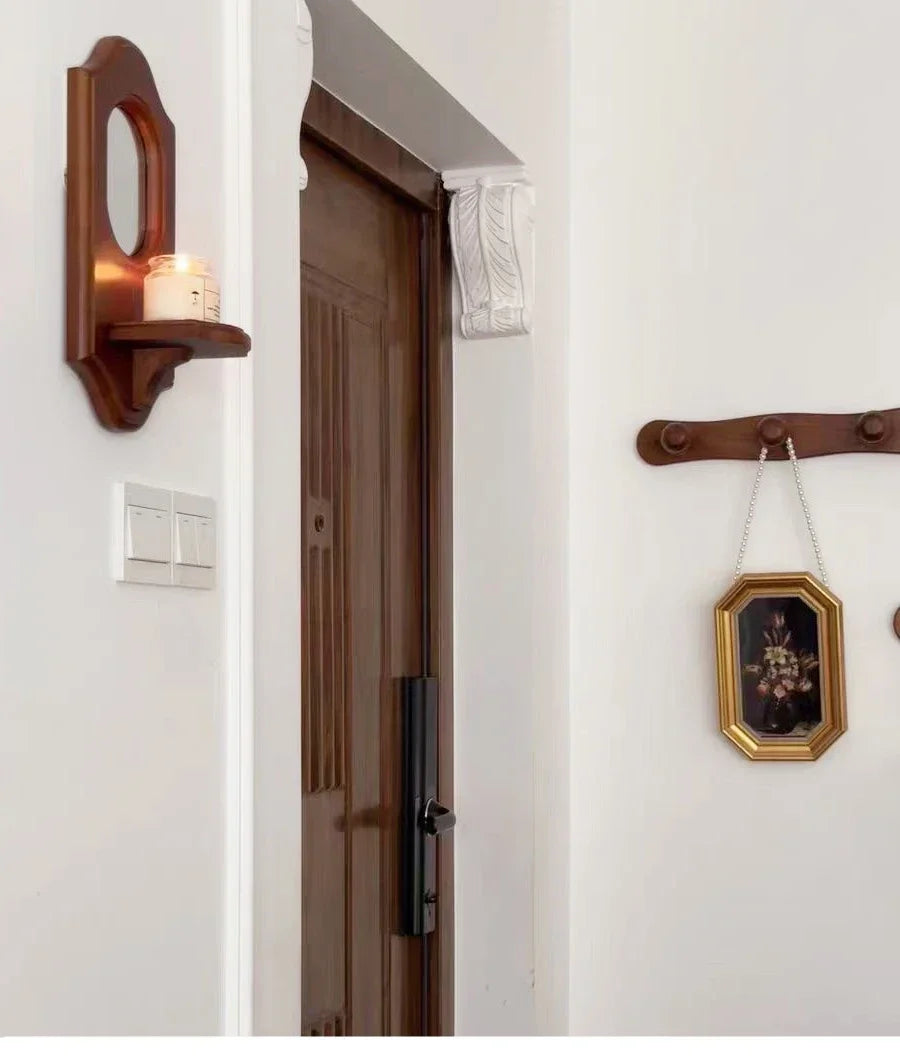 Vintage Solid Wood Wall Mirror with Shelf and Candlestick