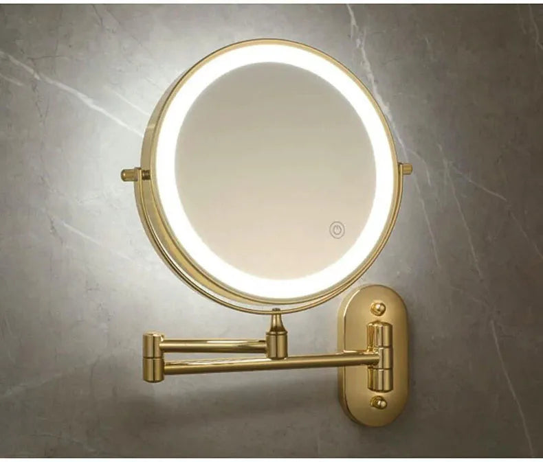 Golden Wall Mounted Folding Vanity Mirror, Double Sided with Fill Light