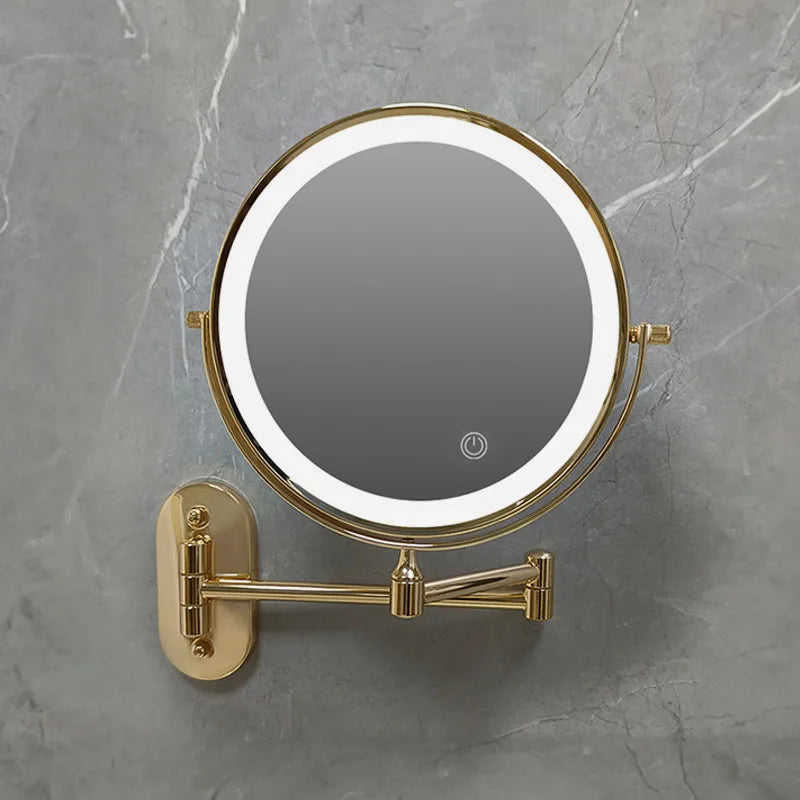 Golden Wall Mounted Folding Vanity Mirror, Double Sided with Fill Light