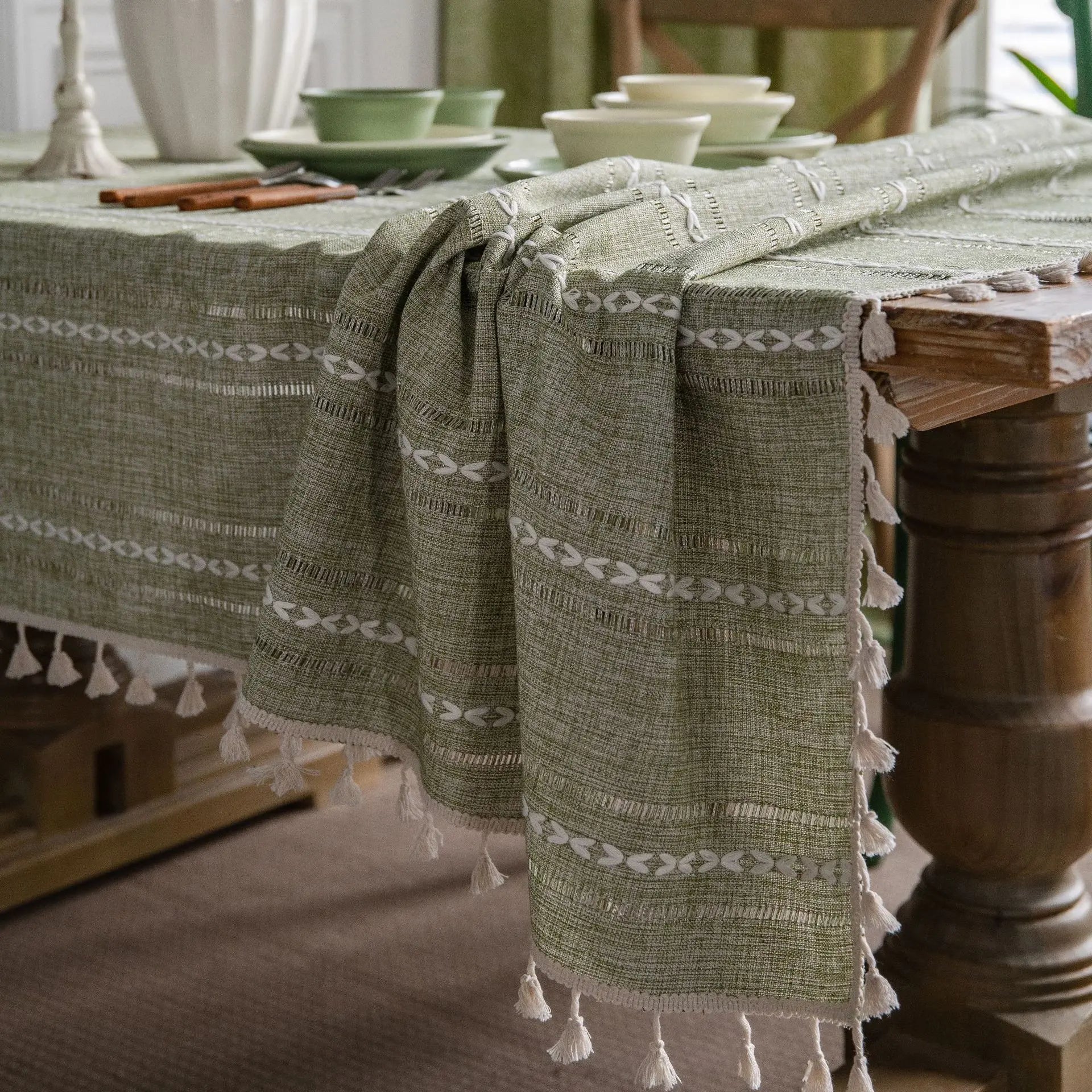 Cotton Linen Stripe Tassel Tablecloth Stain Resistant Dust-Proof Table