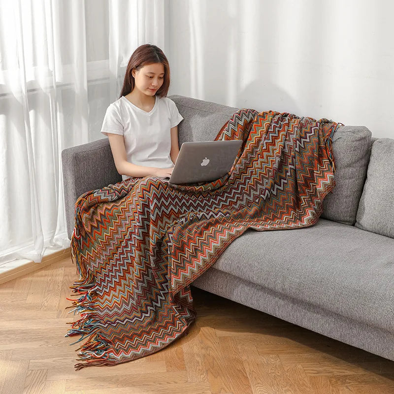 Boho Striped Knit Throw Blanket
