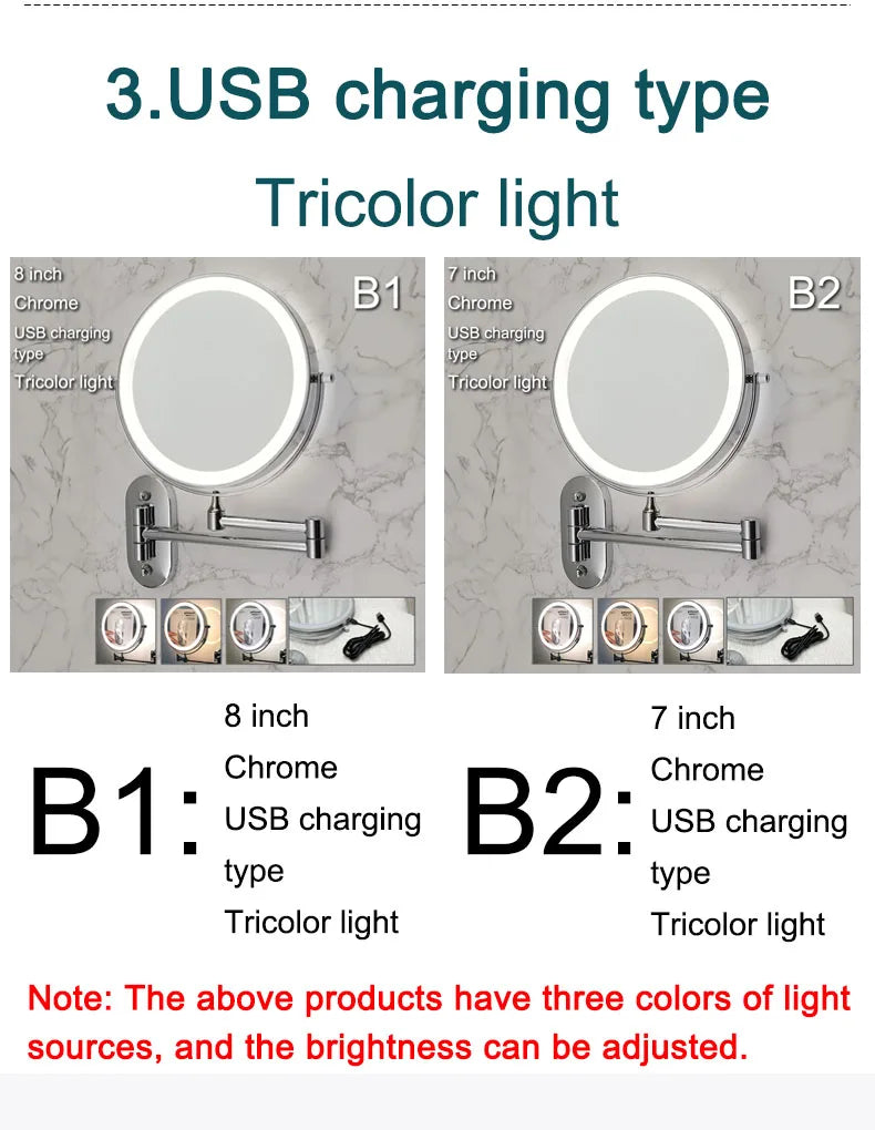 Wall Mounted Folding Makeup Mirror, Double Sided with Fill Light