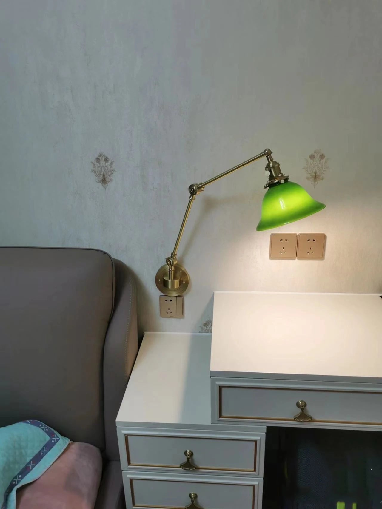 IWHD Left And Right Rotate Copper Wall Lamp Beisde Swing Long Arm Green