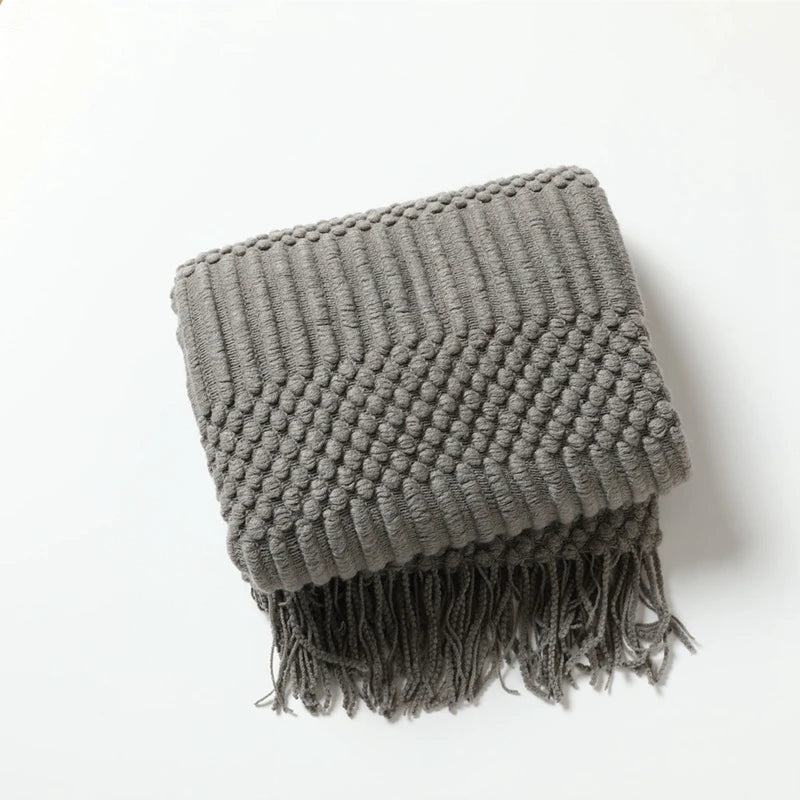 Khaki Gift Knitted Blanket with Tassels Chunky Vintage Luxury