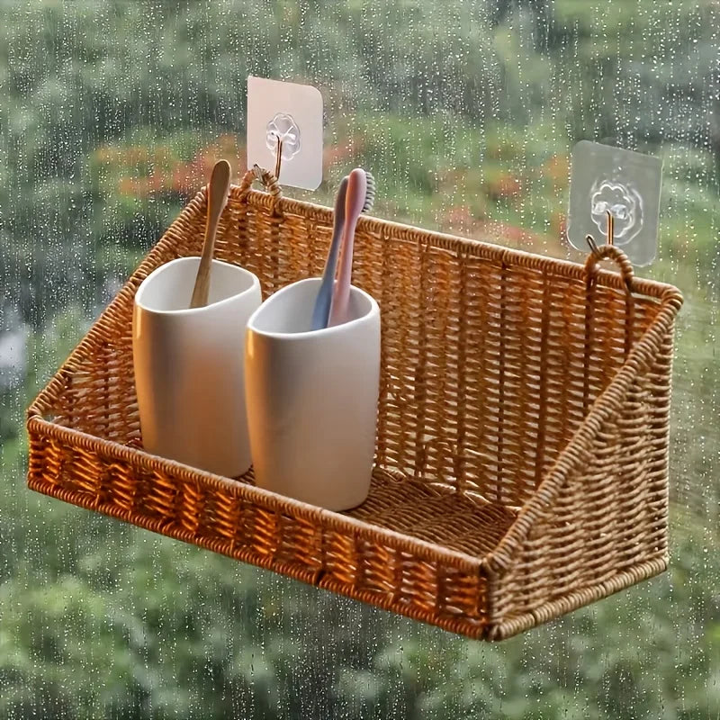 Wall Mounted Woven Basket with Hooks