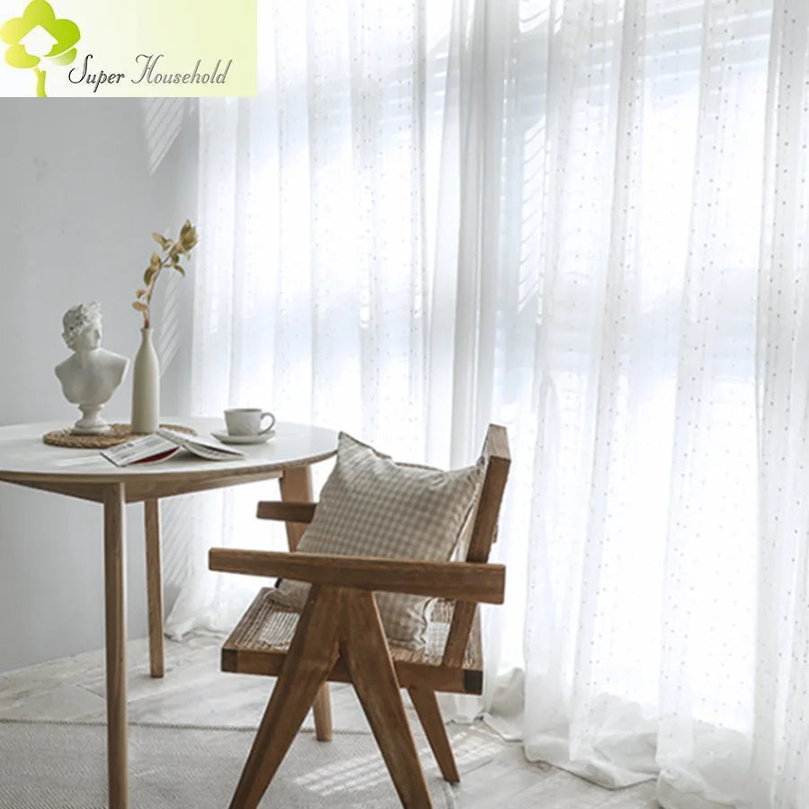 White Jacquard Window Screens Stripe Embroidered Curtains Tulle