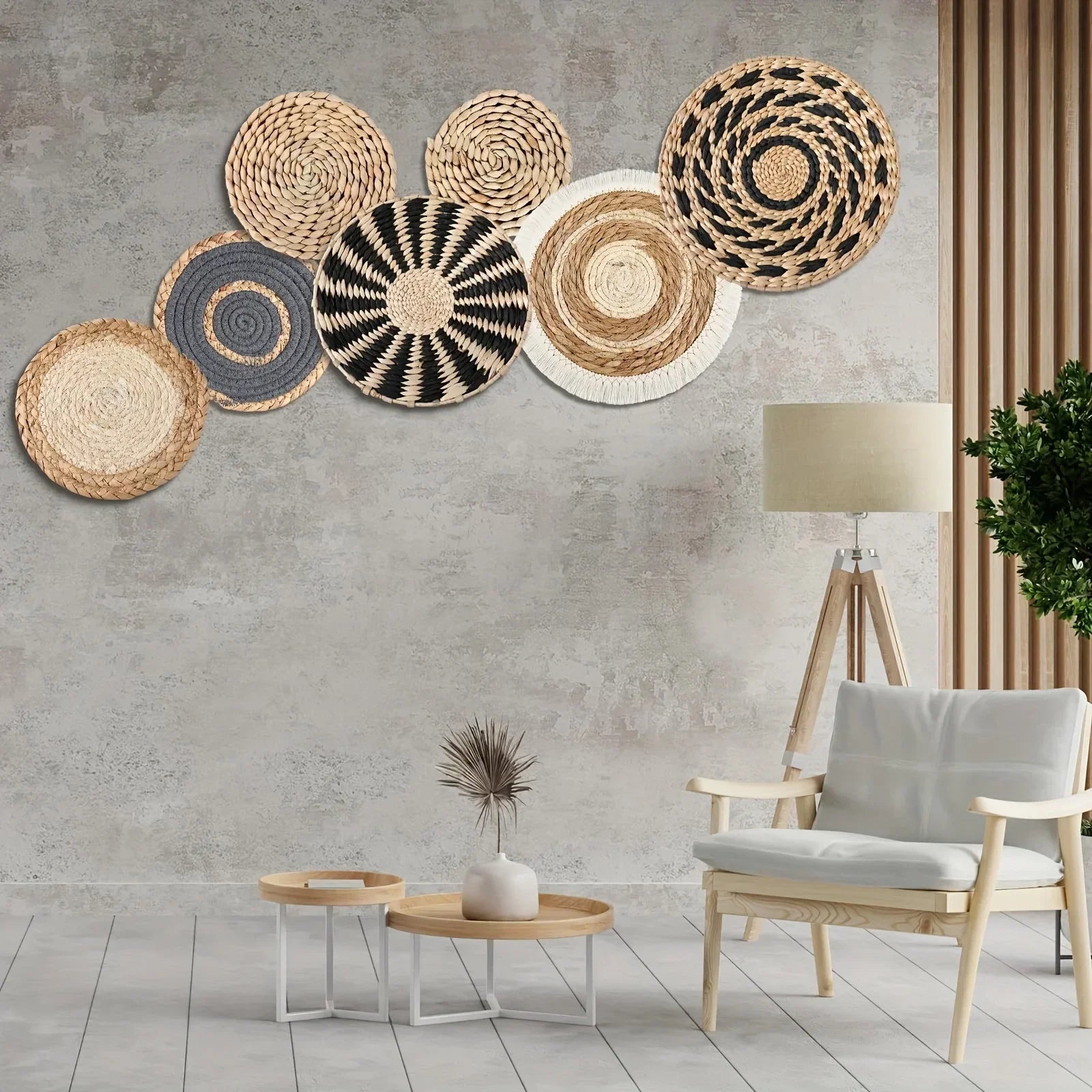 Boho Chic Handcrafted Seagrass Wall Baskets, Rattan Woven Round