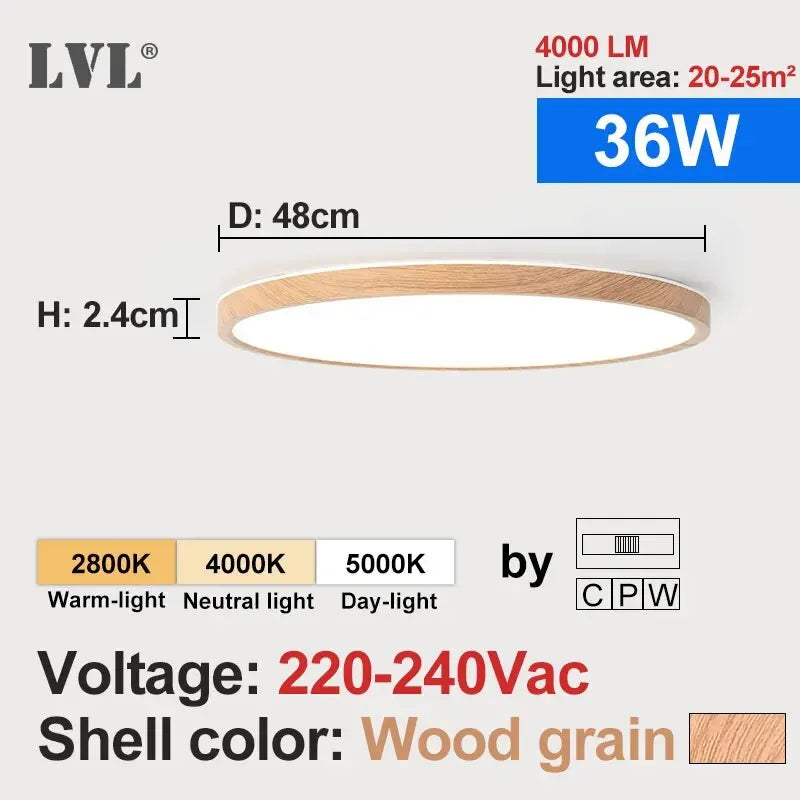 Wood Grain 3 Color LED Flush Ceiling Light