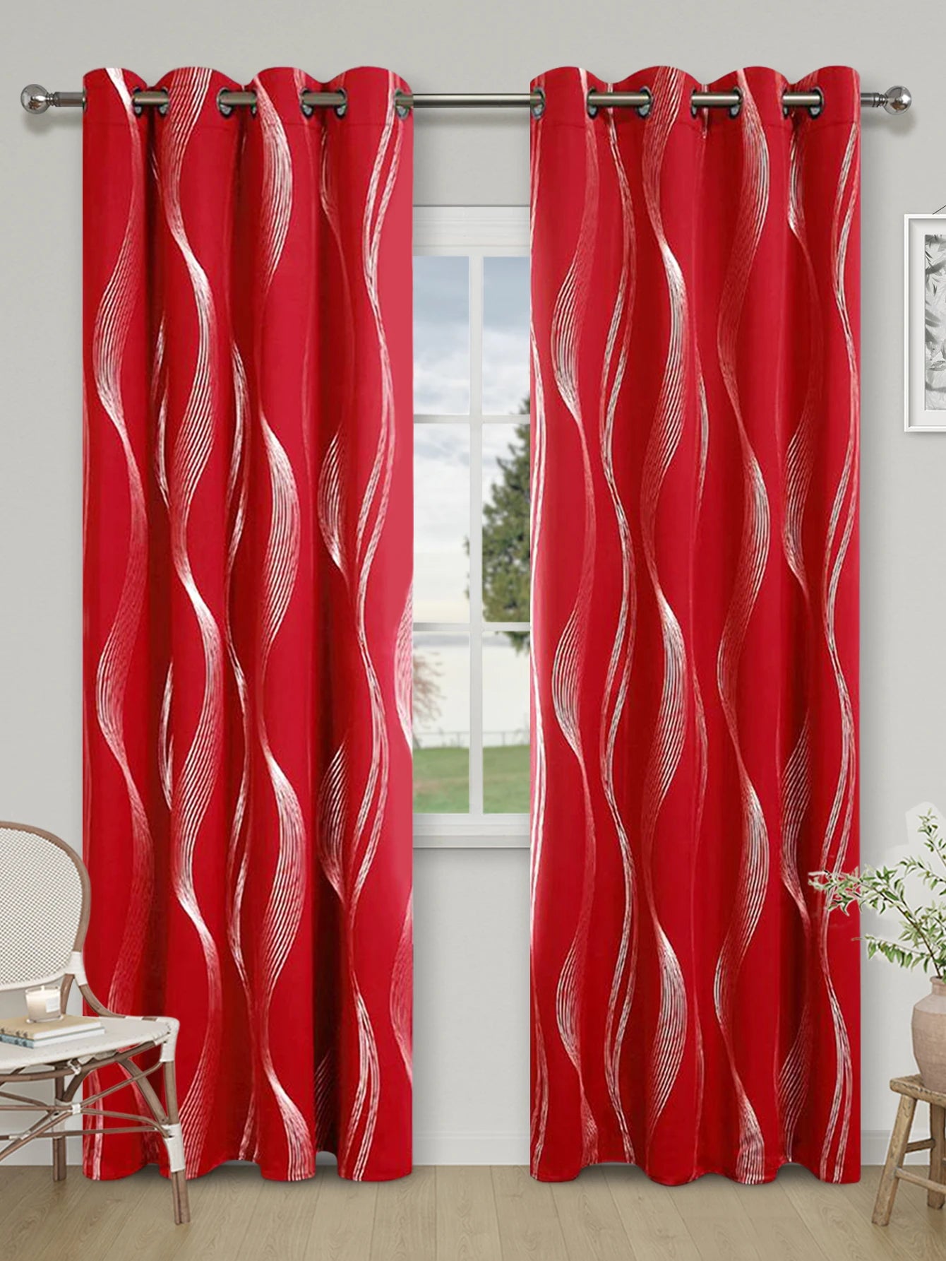 1pc High Precision Silver Embossed Wave Pattern Blackout Curtains