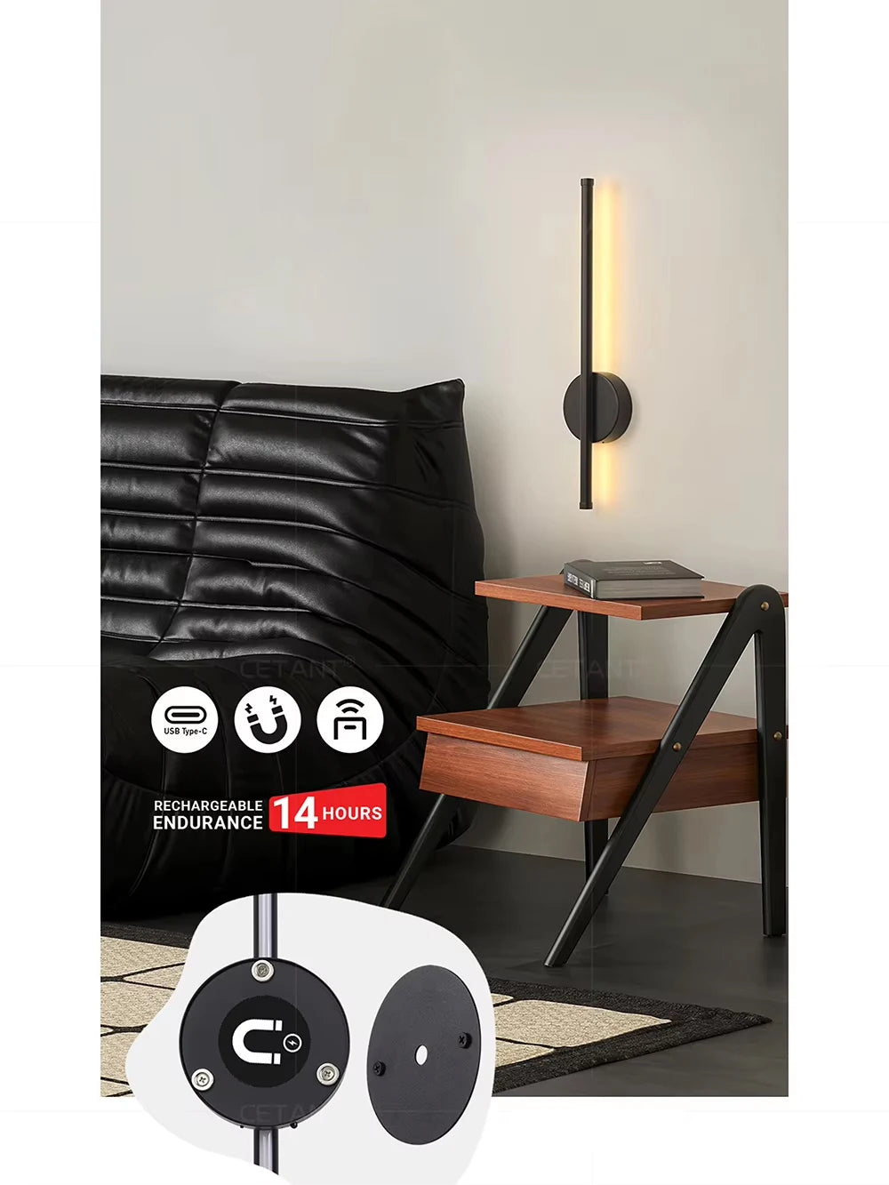 Magnetic Rechargeable Black Gold Wall Lamp